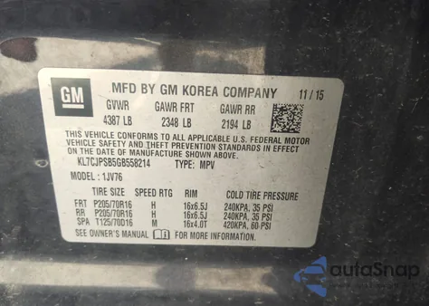 2016 Chevrolet Trax Lt из США, поврежденный, VIN KL7CJPSB5GB558214